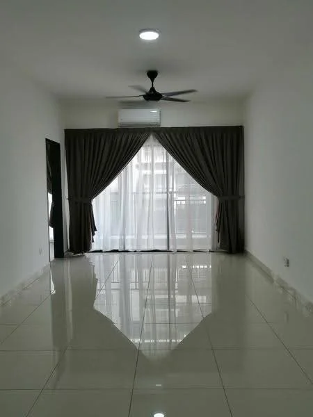 Living features: white painted walls, glossy ceramic tile flooring, 5-blade ceiling fan with light, floor-to-ceiling windows, sheer curtains, dark grey curtains, air conditioning unit, mirror on wall; style: modern.
