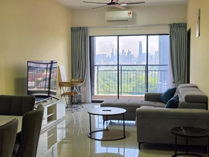 Living features: floor-to-ceiling windows, grey fabric L-shape sectional sofa, round coffee table with black metal base, wall-mounted TV, white TV console, 5-blade ceiling fan with light, air conditioning unit, curtains in grey, decorative cushions in blue, glossy tiled flooring; style: modern; view: city.
