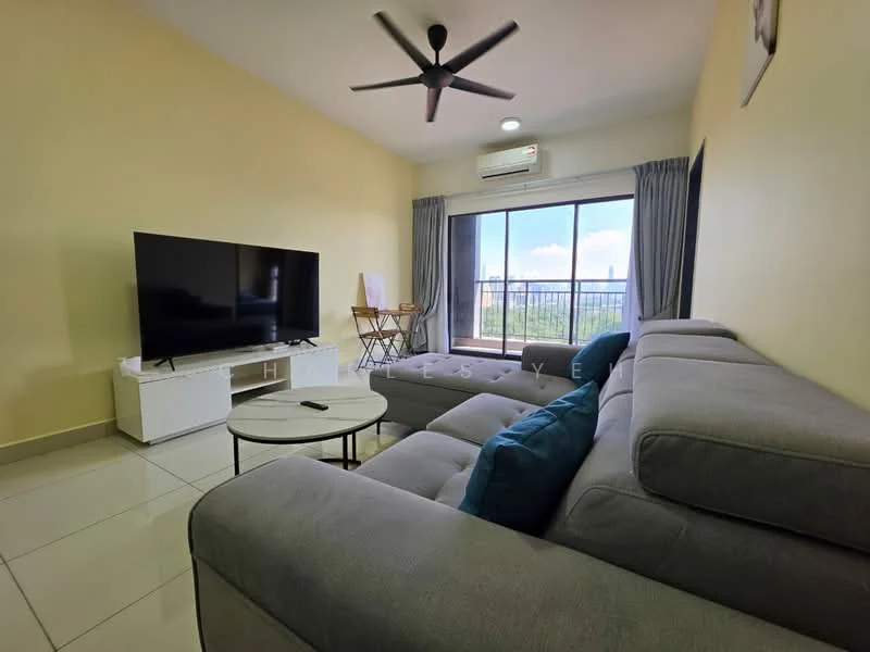Living features: 3-seater fabric sofa in grey, blue accent cushion, round coffee table, wall-mounted TV, TV console, floor-to-ceiling windows, curtains, 5-blade ceiling fan, split air conditioning unit, light-colored walls, glossy tile flooring; style: modern; view: city.