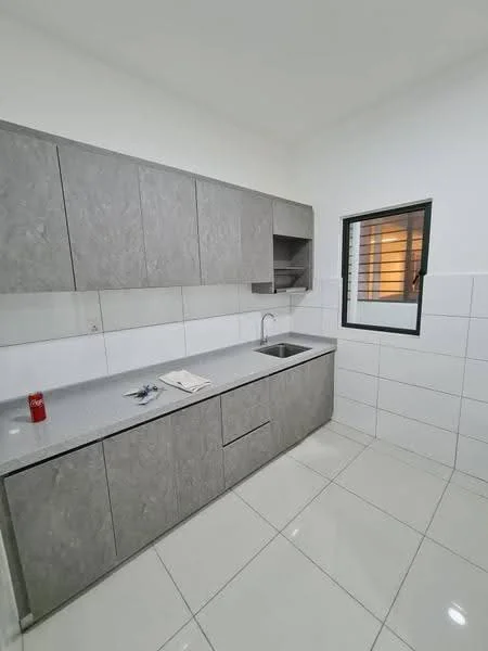 Kitchen features: grey laminate cabinetry, single-bowl stainless-steel sink, chrome pull-down faucet, grey quartz countertop, white tiled backsplash, white wall tiles, white floor tiles, window with black frame, built-in upper cabinets, open shelving, under-cabinet lighting; style: modern.