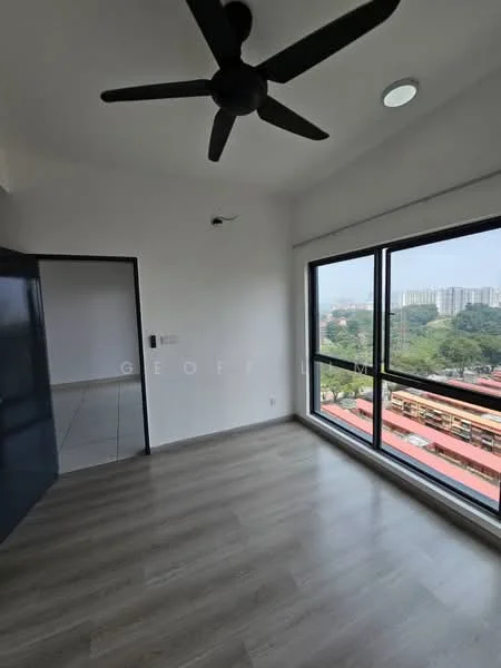 Room features: light wood laminate flooring, white painted walls, 5-blade ceiling fan, floor-to-ceiling windows, city view, recessed ceiling light, sliding door, window treatments not visible; style: modern; view: city.