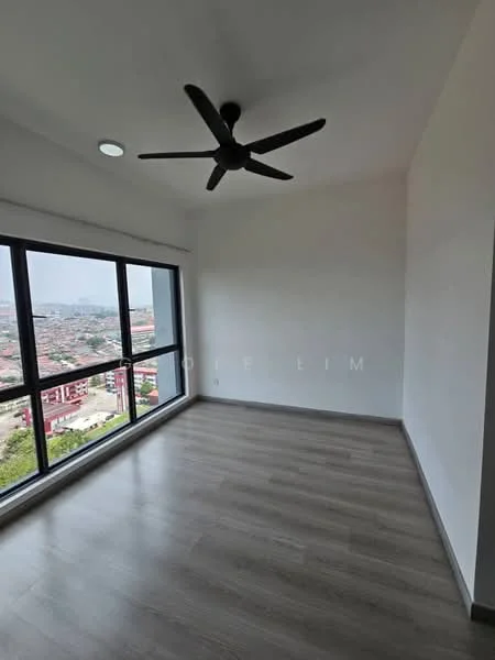 Room features: large floor-to-ceiling windows, grey laminate flooring, white painted walls, 5-blade ceiling fan, city view, no visible furniture, natural light, smooth ceiling; style: modern; view: city.