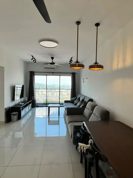 Living features: grey L-shape sectional sofa, 3-blade ceiling fan, 2 pendant lamps with warm light, wall-mounted TV, glass coffee table, white painted walls, large floor-to-ceiling windows, sliding glass door, curtains, polished ceramic tile flooring, decorative wall art, open-plan layout; style: modern; view: city.
