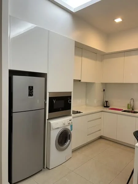Kitchen features: white cabinetry, stainless-steel fridge, built-in oven, freestanding washing machine, white countertop, ceramic tile flooring, recessed downlights, single-bowl stainless-steel sink, chrome pull-down faucet, wall-mounted cabinets, open shelving, window above sink; style: modern.