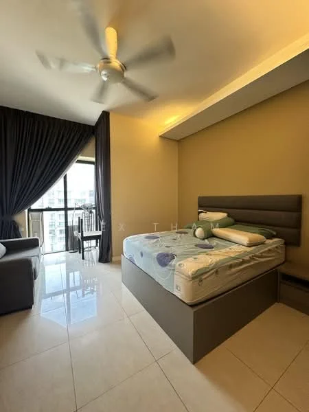 Bedroom features: queen-size bed, upholstered headboard, bedside table, sofa, floor-to-ceiling window, curtains, ceiling fan, marble tile flooring, painted walls in beige, recessed lighting; style: modern; view: city.