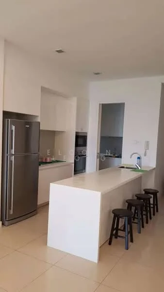Kitchen features: white cabinetry, stainless-steel fridge, built-in oven, ceramic tile flooring, white quartz countertop, kitchen island with seating, single-bowl stainless-steel sink, chrome pull-down faucet, recessed downlights, open shelving, black bar stools; style: modern.