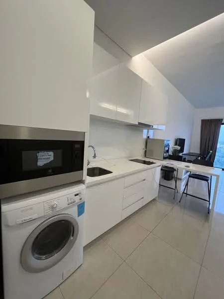 Kitchen features: white cabinetry, stainless-steel sink, chrome pull-down faucet, built-in microwave, freestanding washing machine, ceramic tile flooring, recessed downlights, open shelving, countertop with smooth surface, modern dining table with chairs, floor-to-ceiling windows, curtains, neutral wall color; style: modern; view: city.