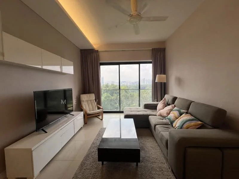 Living features: 3-seater fabric sofa in grey, 2-seater fabric sofa with colorful cushions, glass coffee table, TV console in white, wall-mounted TV, ceiling fan, recessed lighting, floor-to-ceiling windows, curtains, area rug, wooden armchair; style: modern; view: city.