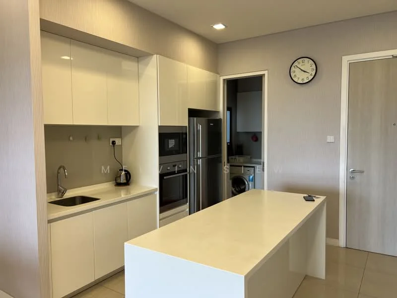 Kitchen features: white glossy cabinetry, marble countertop, single-bowl stainless-steel sink, chrome pull-down faucet, built-in oven, freestanding range oven, stainless-steel fridge, kettle, wall clock, recessed downlights, tile flooring, open layout; style: modern.