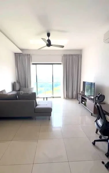 Living features: grey fabric sectional sofa, floor-to-ceiling windows, sheer curtains, white painted walls, recessed downlights, ceiling fan, TV console, wall-mounted TV, ceramic tile flooring, decorative wall art, black office chair, glass coffee table; style: modern; view: city.