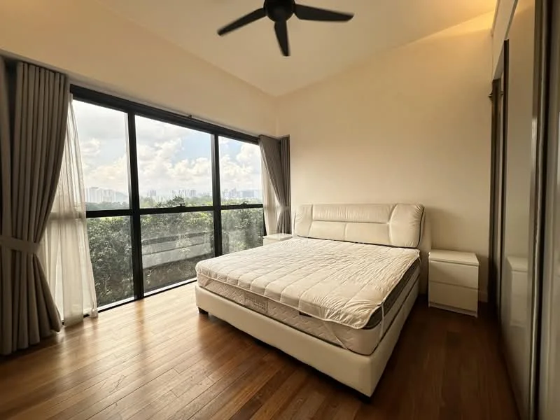 Bedroom features: king-size bed, upholstered headboard, nightstand, floor-to-ceiling windows, sheer curtains, wooden flooring, ceiling fan, city view; style: modern; view: city.