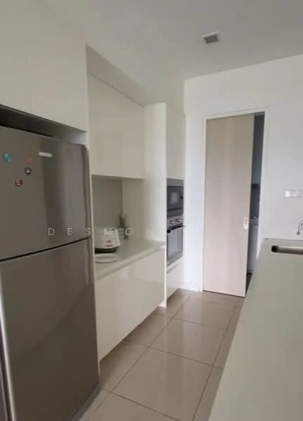 Kitchen features: stainless-steel fridge, white cabinetry, built-in oven, ceramic tile flooring, white countertop, single-bowl stainless-steel sink, chrome pull-down faucet, wall-mounted cabinets, open shelving, neutral wall color, recessed lighting; style: modern.