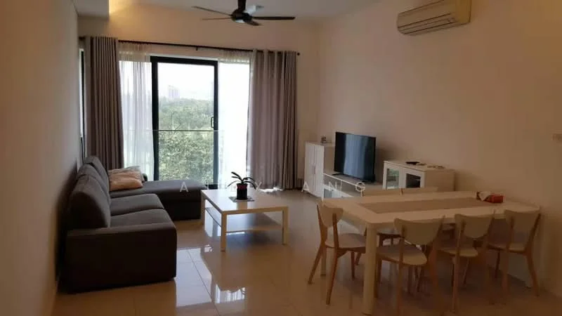 Living features: 3-seater fabric sofa in grey, white coffee table, TV console, wall-mounted TV, dining table with 6 chairs, floor-to-ceiling windows, sheer curtains, ceiling fan, air conditioning unit, light-colored tiled flooring, decorative wall art; style: modern; view: garden.