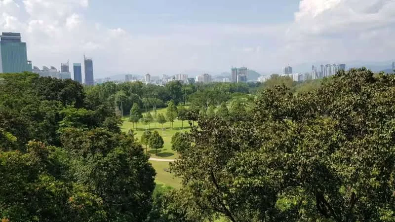 Exterior features: city skyline in background, lush green park, mature trees, open grassy areas, distant high-rise buildings, clear blue sky, scenic view of greenery; style: modern.