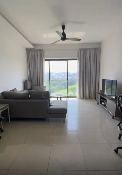 Living features: 3-seater fabric sofa in grey, floor-to-ceiling windows, sheer curtains, ceiling fan, TV console, wall-mounted TV, tile flooring, decorative wall, area rug, coffee table; style: modern; view: city.