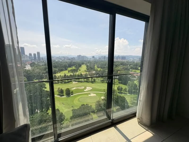 Room features: floor-to-ceiling windows, curtains, view of golf course, view of city skyline, natural light, tile flooring; style: modern; view: golf course.