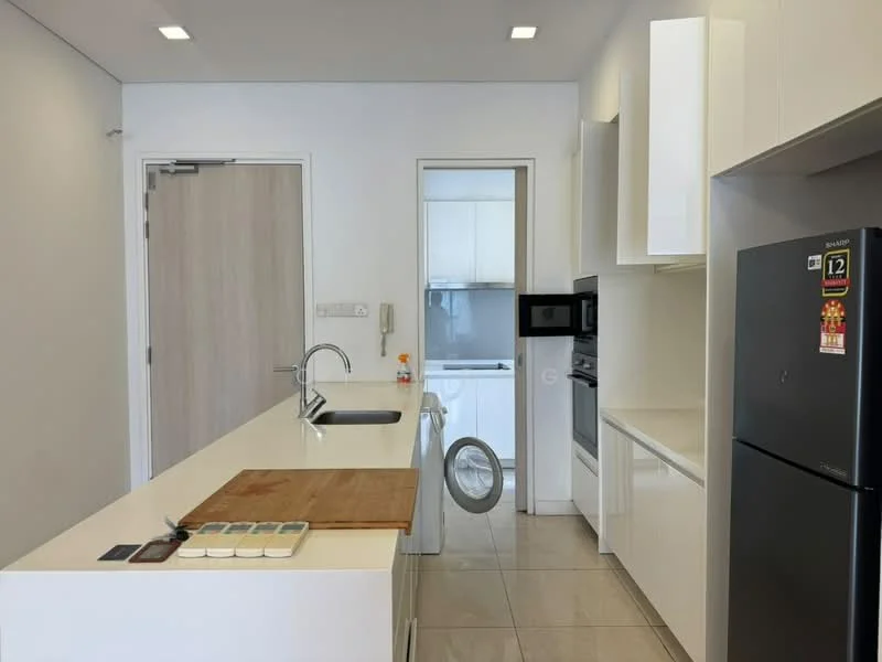 Kitchen features: white cabinetry, marble countertop, single-bowl stainless-steel sink, chrome pull-down faucet, built-in oven, freestanding range oven, microwave, stainless-steel fridge, washing machine, tile flooring, recessed downlights, open shelving, kitchen island, neutral wall colour, doorway to laundry area; style: modern.