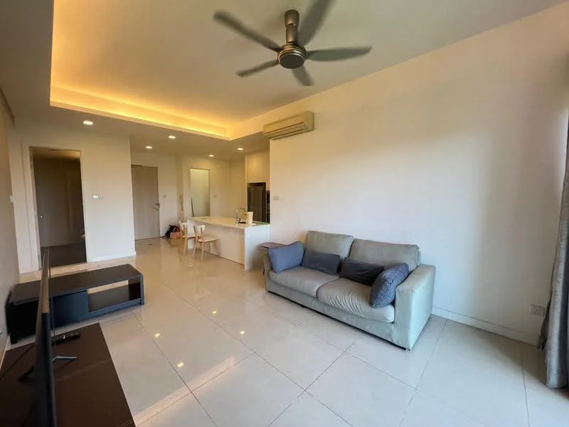 Living features: 3-seater fabric sofa in light grey, ceiling fan, wall-mounted TV, TV console, recessed LED downlights, white painted walls, tile flooring, large windows with sheer curtains, air conditioning unit, decorative wall paneling; style: modern. Kitchen features: open-plan layout, kitchen island with seating, stainless-steel fridge, built-in oven, freestanding range oven, white cabinetry, granite countertop, backsplash with tile cladding; style: modern.