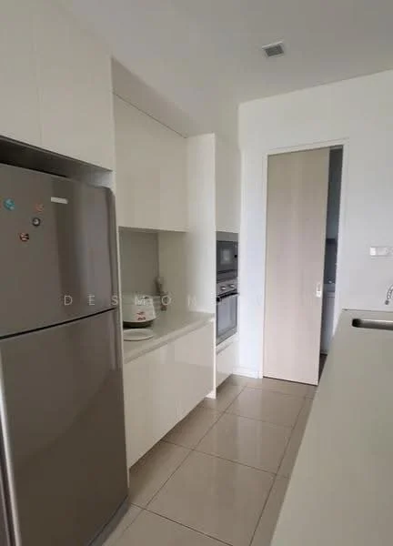 Kitchen features: stainless-steel fridge, white cabinetry, built-in oven, microwave, ceramic tile flooring, countertop with integrated sink, neutral wall colour, recessed lighting; style: modern.