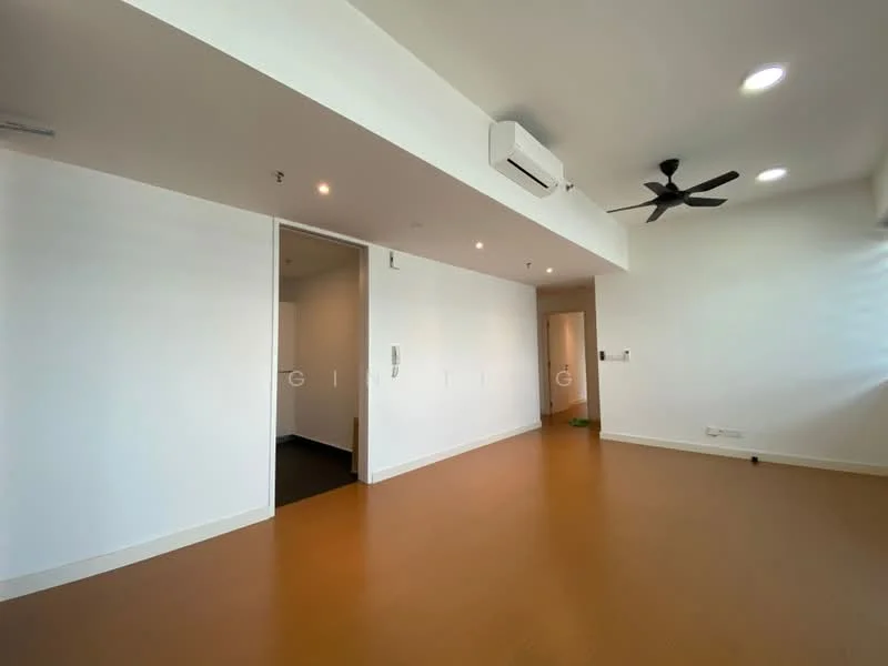 Living features: white painted walls, vinyl flooring, 5-blade ceiling fan, recessed downlights, air conditioning unit, doorway leading to another room, doorway leading to hallway, natural light from windows; style: modern.