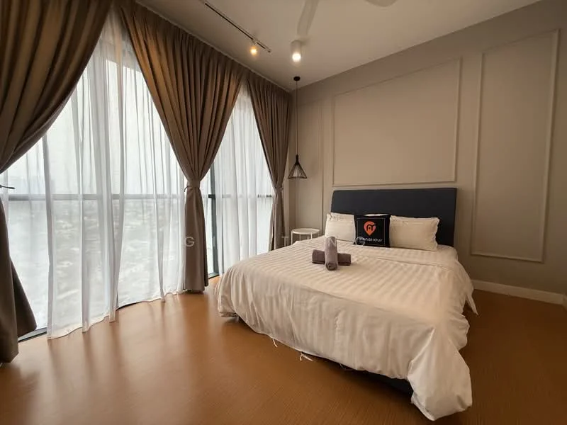 Bedroom features: king-size bed with white bedding, upholstered headboard in dark blue, 2 purple towels on bed, floor-to-ceiling windows, sheer curtains, dark brown curtains, laminate flooring, pendant light fixture, side table, decorative wall paneling, ceiling fan with light; style: modern; view: city.