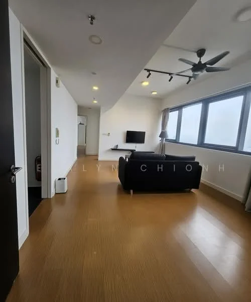 Living features: wooden flooring, white painted walls, recessed downlights, 5-blade ceiling fan, floor-to-ceiling windows, black leather sofa, wall-mounted TV, TV console, decorative wall, curtains, open layout; style: modern; view: city. Room features: white painted walls, wooden flooring, recessed downlights.