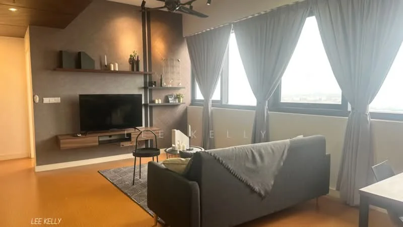 Living features: grey fabric sofa, black coffee table, area rug with geometric pattern, wall-mounted TV, floating wooden shelf, decorative items on shelf, floor-to-ceiling windows, sheer curtains, ceiling fan, wood paneling on ceiling, accent wall with textured finish, light-colored flooring; style: modern; view: city.