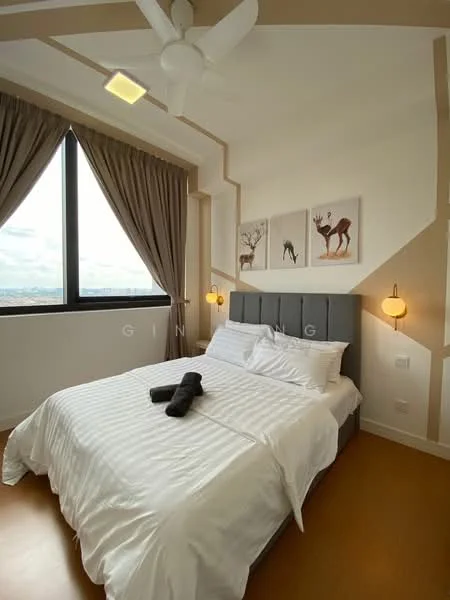Bedroom features: king-size bed with white bedding, upholstered grey headboard, floor-to-ceiling window, curtains in beige, wooden flooring, ceiling fan with light, framed artwork on wall, decorative wall design with geometric pattern; style: modern; view: city.