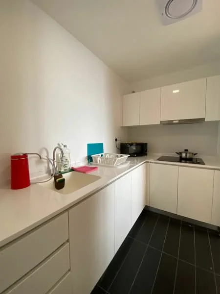 Kitchen features: white cabinetry, stainless-steel sink, chrome faucet, white countertop, built-in gas hob, built-in oven, black appliances, black tile flooring, wall-mounted extractor fan, dish drying rack, kitchen utensils, small potted plant; style: modern.