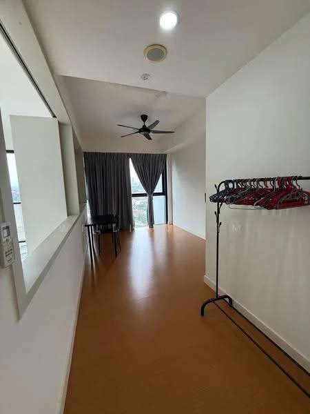 Room features: wooden flooring, white painted walls, sliding glass door, floor-to-ceiling windows, grey curtains, ceiling fan, table, clothes rack, light fixture; style: modern; view: city.
