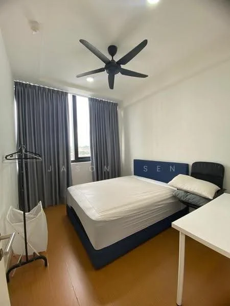 Bedroom features: queen-size bed, upholstered headboard, bedside table, ceiling fan with light, floor-to-ceiling windows, grey curtains, wooden flooring, clothes rack, white folding laundry basket, study desk with chair; style: modern; view: city.