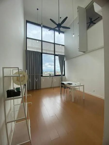 Room features: large floor-to-ceiling windows, grey curtains, white painted walls, wooden flooring, 5-blade ceiling fan, hanging light fixture, white dining table, black dining chairs, open shelving unit, decorative hat on shelf; style: modern; view: city.