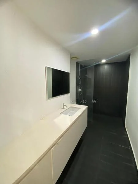Bathroom features: white painted walls, black tile flooring, single-sink vanity with white cabinet, chrome basin mixer faucet, framed mirror, walk-in shower with glass enclosure, rain shower head, recessed LED downlights; style: modern.