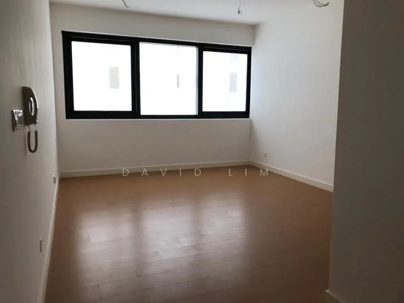 Room features: light wood flooring, white painted walls, large windows, no visible furniture, minimalist design, ceiling with exposed wiring, natural light, neutral color palette; style: modern.