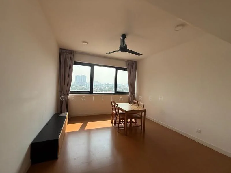 Dining features: wooden dining table, 4 wooden dining chairs, floor-to-ceiling windows, city view, ceiling fan, light-coloured walls, laminate flooring, curtains; style: minimalist; view: city.