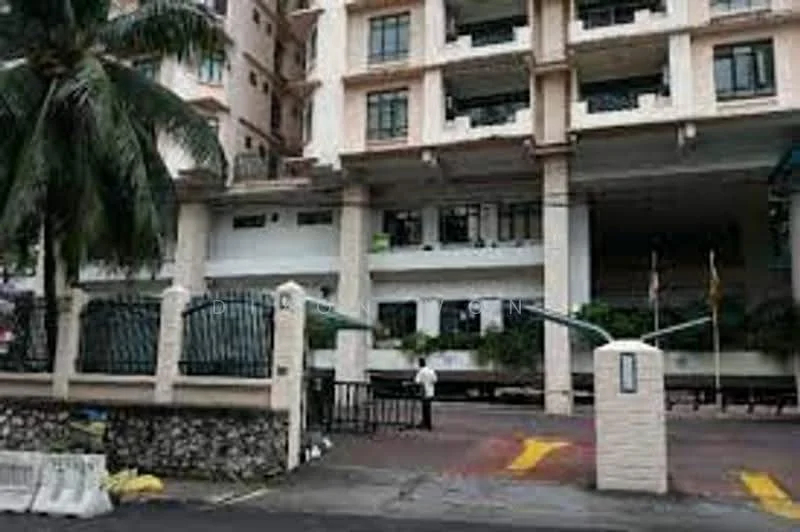 Exterior type: low-rise apartment block; features: white painted facade, recessed balconies, palm trees, manicured lawn, gated entry, guard house at entrance, driveway with interlocking pavers; style: modern.