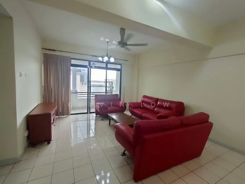 Living features: red leather sofa, 3-seater sofa, 2-seater sofa, coffee table, TV console, ceiling fan, floor-to-ceiling windows, curtains, white painted walls, glossy tile flooring, natural light from windows; style: modern.