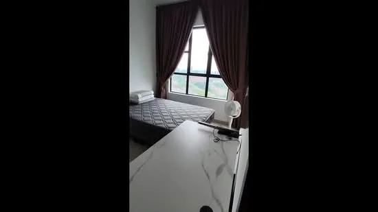 Bedroom features: queen-size bed, grey mattress, floor-to-ceiling window, brown curtains, ceiling fan, white walls, marble countertop, desk with chair; style: modern; view: garden.