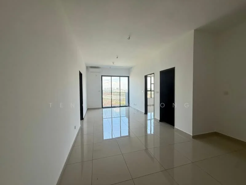Room features: white painted walls, glossy tile flooring, floor-to-ceiling windows, sliding glass door, recessed downlights, air conditioning unit, black doors, open layout; style: modern; view: city.