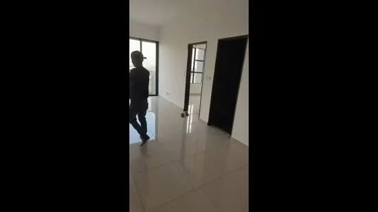 Room features: white painted walls, glossy tile flooring, large windows, doorway leading to another room, doorway leading to hallway, natural light from windows; style: modern.