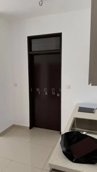 Room features: white painted walls, cream tiled flooring, dark wooden door, kitchen countertop, sink, kitchen cabinetry.