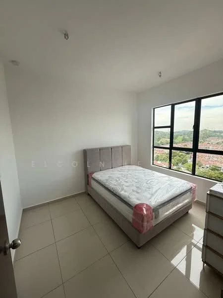 Bedroom features: queen-size bed, upholstered headboard, floor-to-ceiling windows, white painted walls, tile flooring, natural light from windows, view of city, built-in wardrobe; style: modern; view: city.
