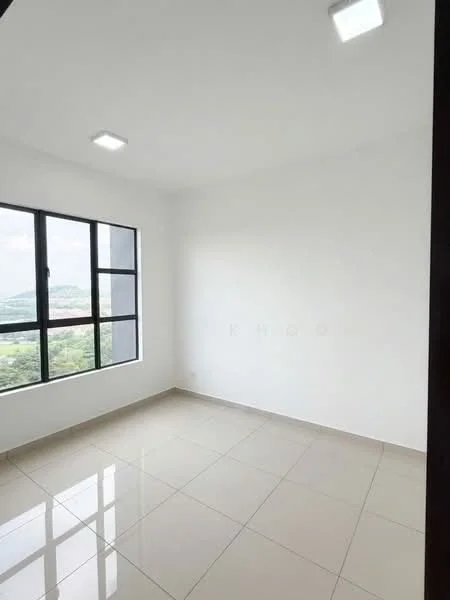 Room features: white painted walls, glossy ceramic tile flooring, floor-to-ceiling windows, mountain view, recessed LED downlights; style: modern; view: mountain.