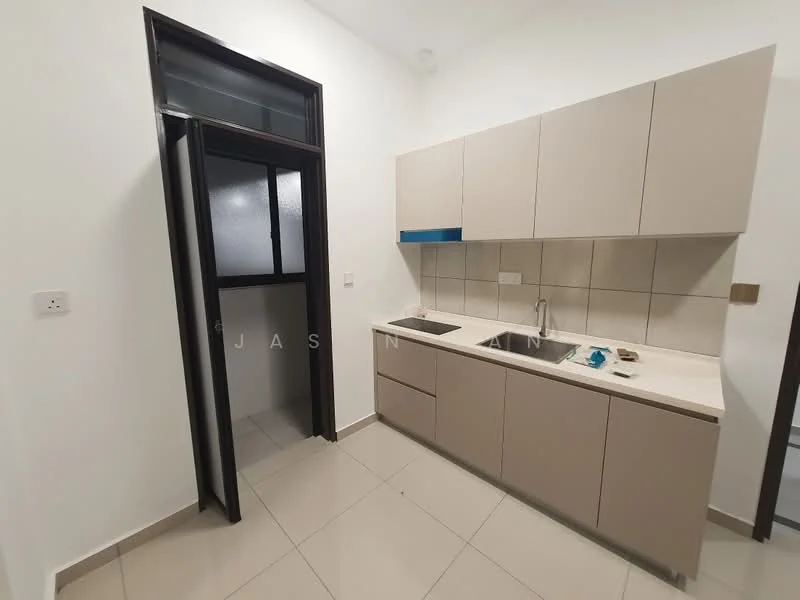 Kitchen features: light beige cabinetry, white countertop, single-bowl stainless-steel sink, chrome pull-down faucet, wall-mounted cabinets, tile backsplash, built-in oven, ceramic tile flooring, window with black frame, door leading to utility area; style: modern.