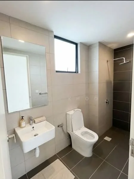 Bathroom features: white ceramic toilet, wall-mounted sink, framed mirror, grey tiled walls, light grey floor tiles, glass shower enclosure, rain shower head, single shower faucet, window for natural light, recessed lighting; style: modern.