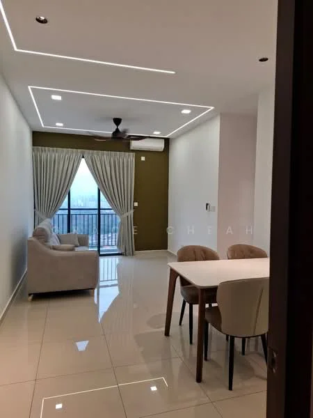 Living features: cream painted walls, green accent wall, white ceiling with recessed lighting, 5-blade ceiling fan with light, floor-to-ceiling windows, sheer curtains, light-colored sofa, dining table with four upholstered chairs, glossy tile flooring, air conditioning unit; style: modern; view: city.