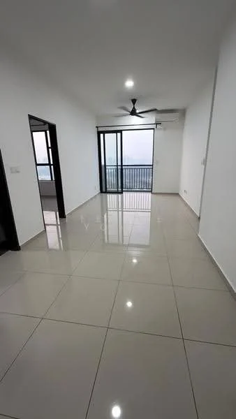 Living features: white painted walls, glossy ceramic tile flooring, 5-blade ceiling fan with light, floor-to-ceiling sliding glass door, balcony access, recessed downlights, air conditioning unit, open layout; style: modern; view: city.