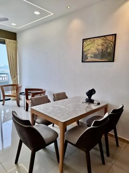 Dining features: rectangular dining table with marble top, 4 upholstered dining chairs in grey, wall-mounted artwork with nature scene, white painted walls, recessed ceiling lights, large window with sheer curtains, floor-to-ceiling windows, tile flooring; style: modern; view: city. Living features: 2 wooden chairs, natural light from large window; style: modern; view: city.