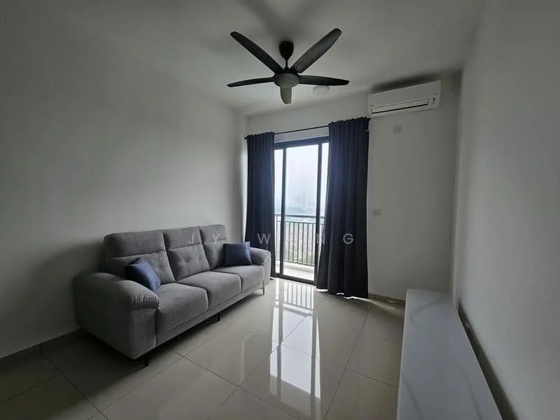 Living features: 3-seater fabric sofa in grey, 2 blue throw pillows, floor-to-ceiling windows, blackout curtains, wall-mounted split AC, ceiling fan with light, glossy tile flooring, neutral painted walls; style: modern; view: city.