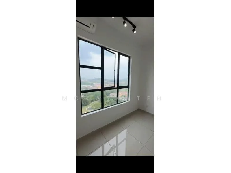 Room features: floor-to-ceiling windows, white painted walls, polished tile flooring, recessed LED downlights, air conditioning unit, city view; style: modern; view: city.